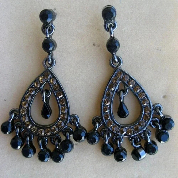 Fancy Design Metallic Black Dangling Earrings with Sparkly Orange Rhinestones - Picture 3 of 3